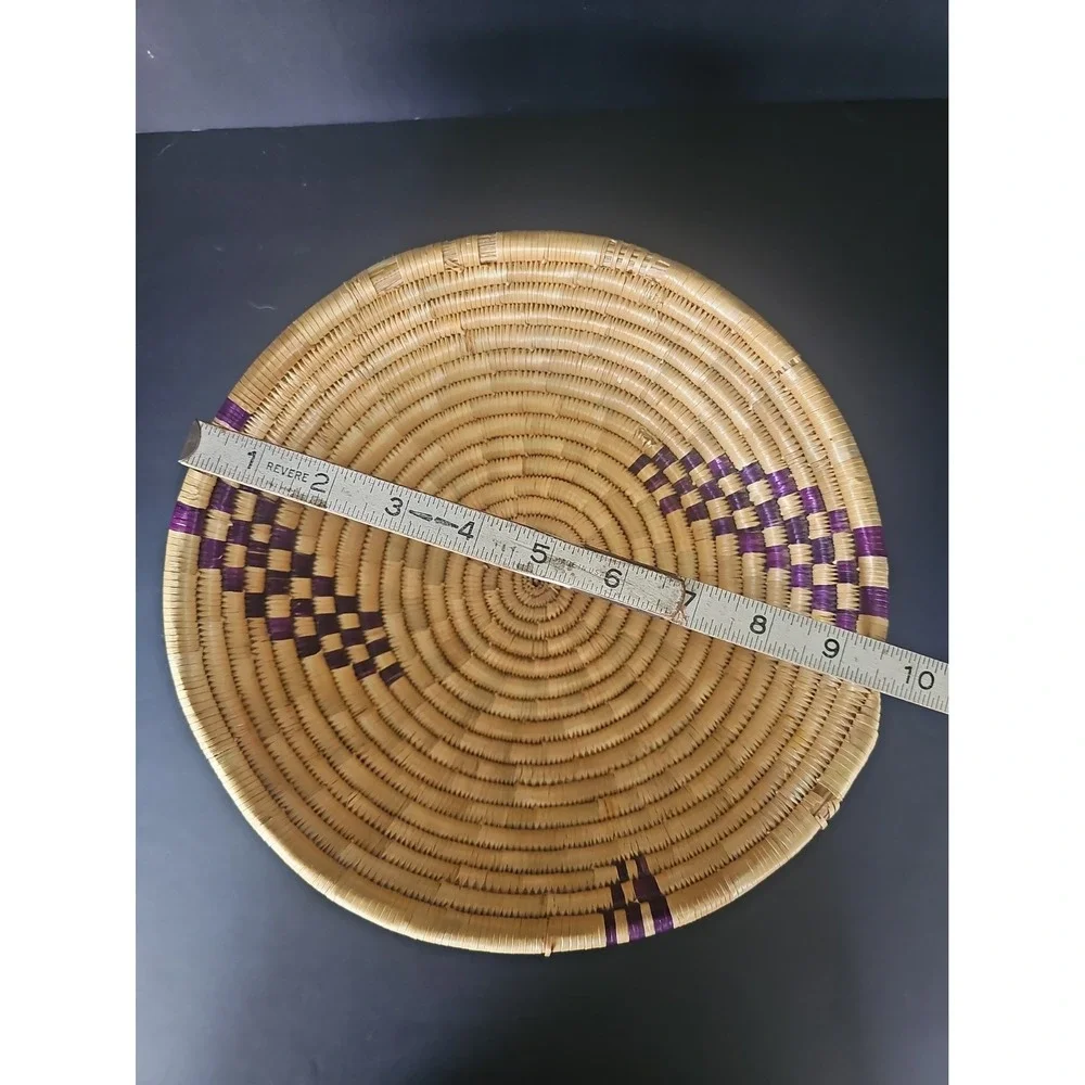 Hand Made Straw Coil Basket African or Native American- Purple Accent 9.5